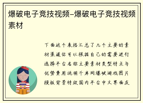 爆破电子竞技视频-爆破电子竞技视频素材